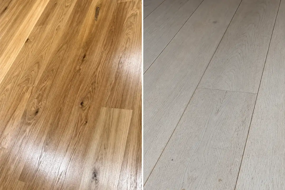 Deska warstwowa dębowa w Wilanowie, zestawienie przed i po renowacji